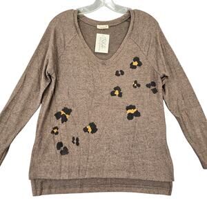 Anthropologie Maronie Brown Sweater NEW Size S Stretch Knit Long Sleeves V-Neck